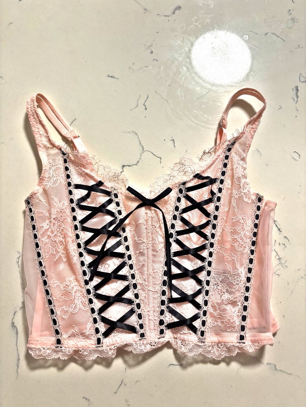 Victoria's Secret Pink Lace Corset Top with Black Ribbon Detail, New